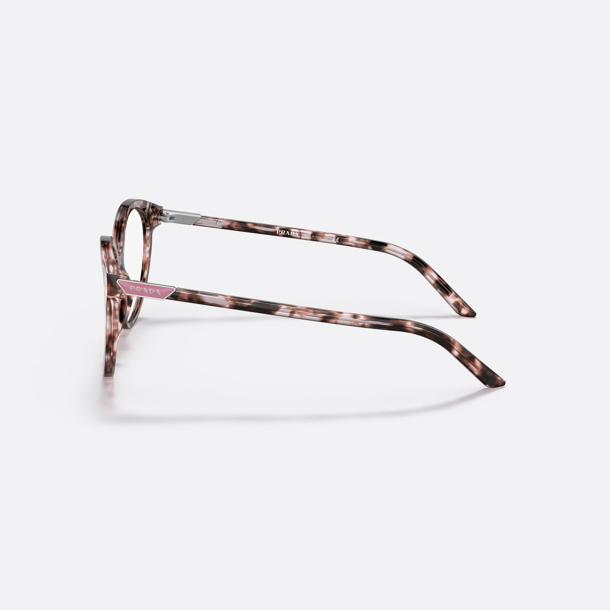 Rame ochelari de vedere Prada PR 08YV ROJ-1O1, geometrica maro, pentru femei, punte simplă, literele brandului pe brațe, placă roz pe braț, vedere laterală