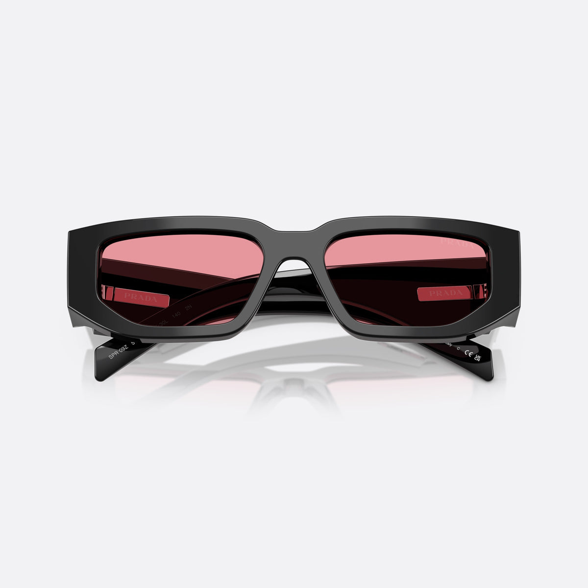 Prada PR 09ZS 16K30L BLPK sunglasses, black geometric frame for men, plain bridge, triangular brand logo plaque, folded
