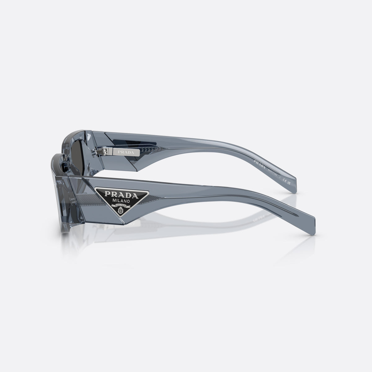Prada PR 09ZS 17T08Z sunglasses, blue rectangle frame for men, integrated bridge, triangular plaque on temple, side view