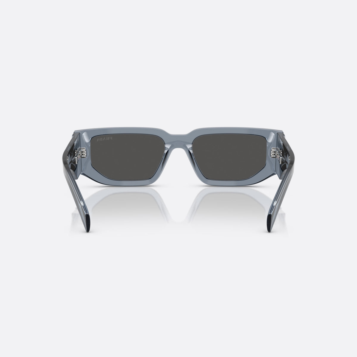 Prada PR 09ZS 17T08Z sunglasses, blue rectangle frame for men, integrated bridge, triangular plaque on temple, back view