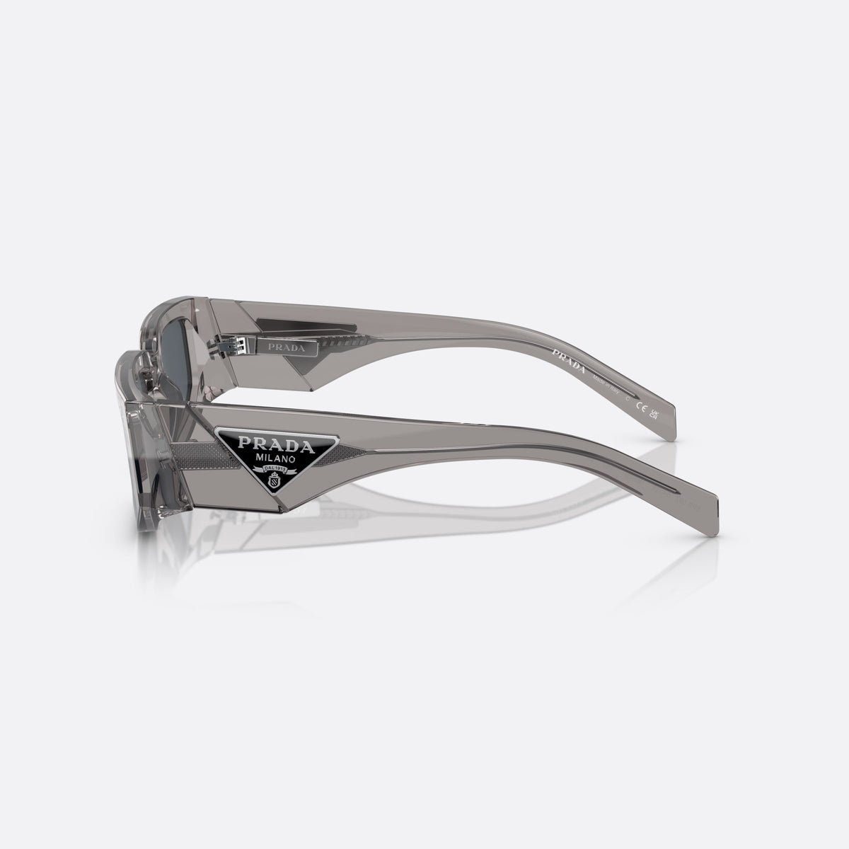 Prada PR 09ZS 18S09T TSDG sunglasses, grey rectangle frame, unisex, keyhole bridge, triangular brand logo plaque, side view