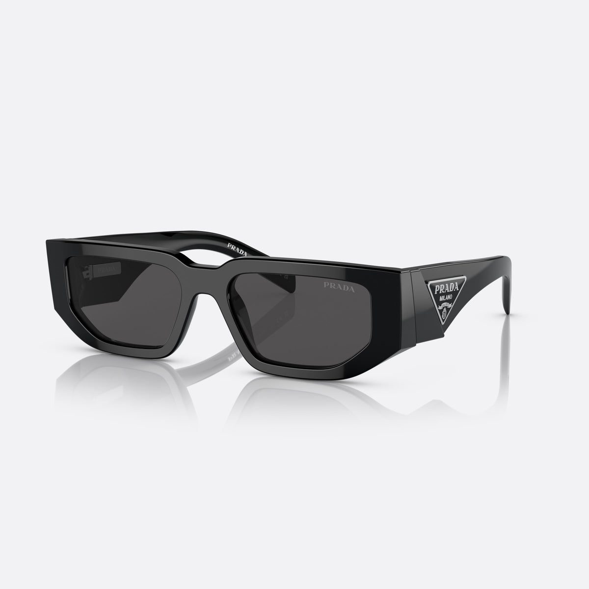 Prada PR 09ZS 1AB-5S0 sunglasses, black rectangle frame, unisex, plain bridge, brand logo on temple plaque