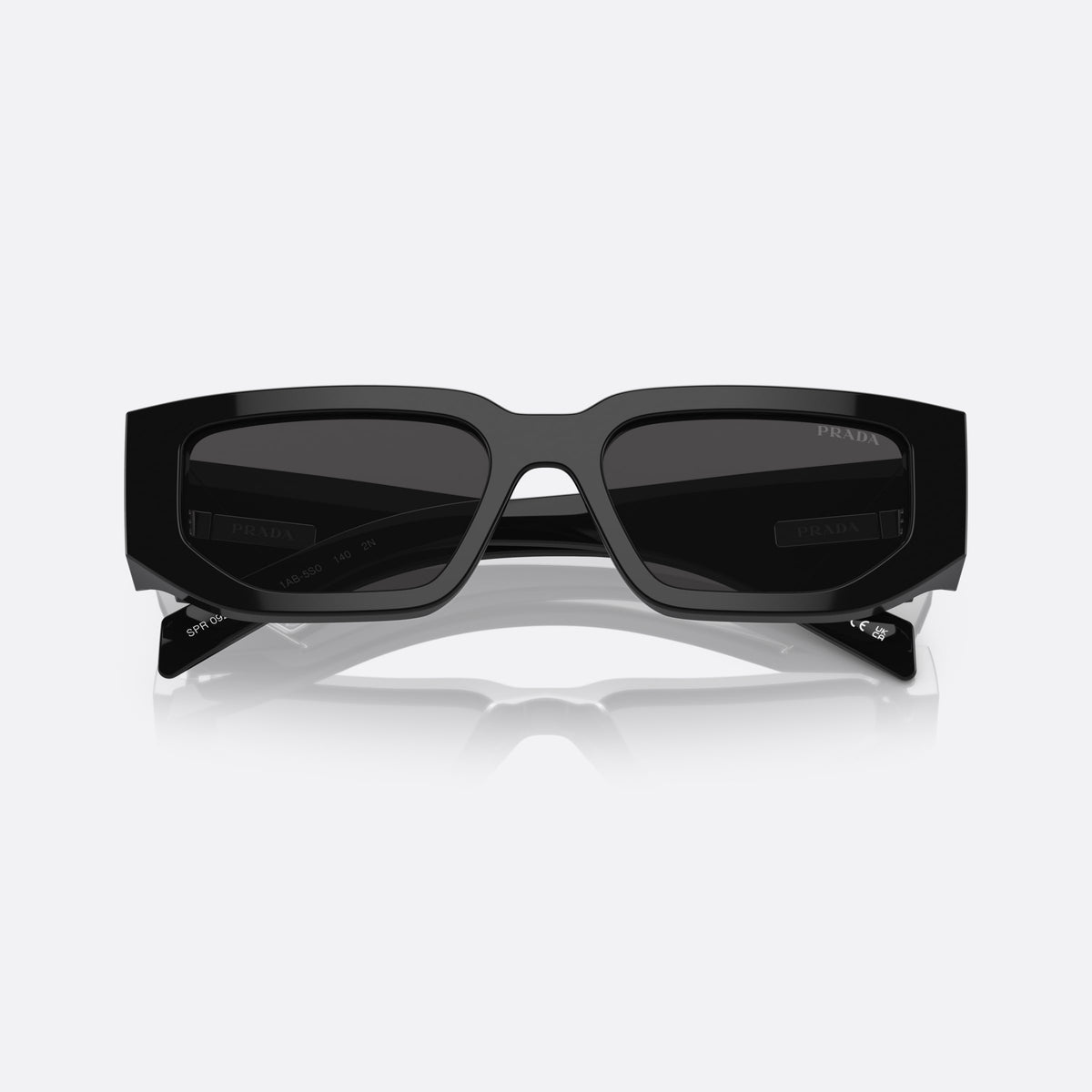Prada PR 09ZS 1AB-5S0 sunglasses, black rectangle frame, unisex, plain bridge, brand logo on temple plaque, folded
