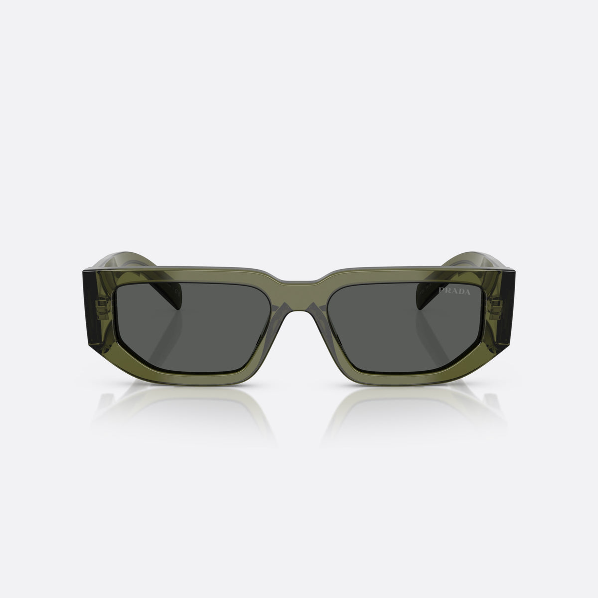 Ochelari de soare Prada PR 09ZS 25A40L GNDG, geometrica verde, pentru bărbați, punte simplă cu profil subțire, litere ale brandului pe braț, vedere din față