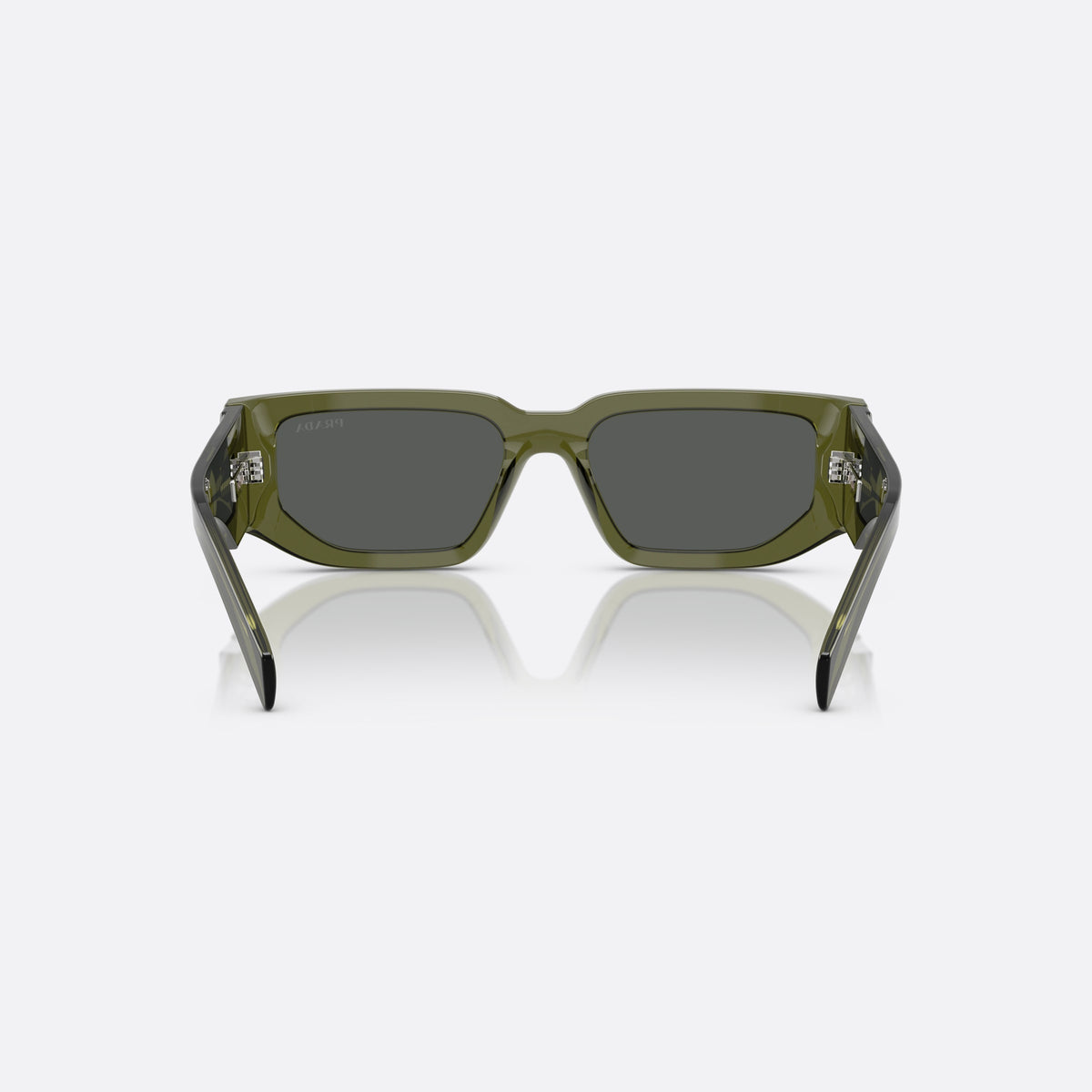 Ochelari de soare Prada PR 09ZS 25A40L GNDG, geometrica verde, pentru bărbați, punte simplă cu profil subțire, litere ale brandului pe braț, vedere din spate