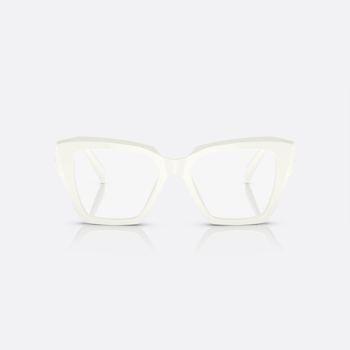 Prada PR 09ZV 142-1O1 eyeglasses, white geometric frame for women, plain low bridge, brand logo on temple, front view