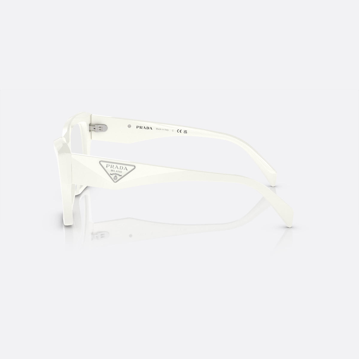 Prada PR 09ZV 142-1O1 eyeglasses, white geometric frame for women, plain low bridge, brand logo on temple, side view