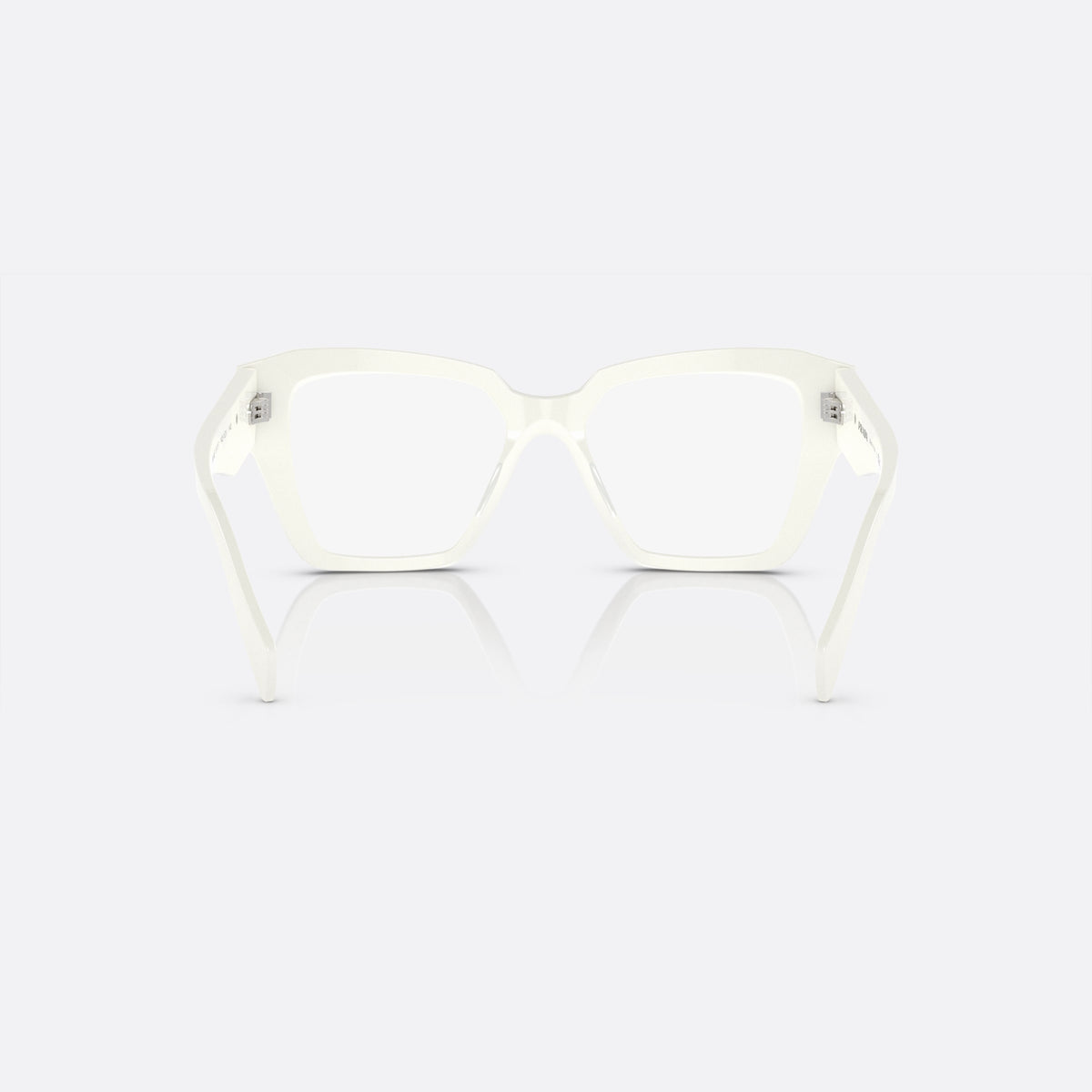 Prada PR 09ZV 142-1O1 eyeglasses, white geometric frame for women, plain low bridge, brand logo on temple, back view