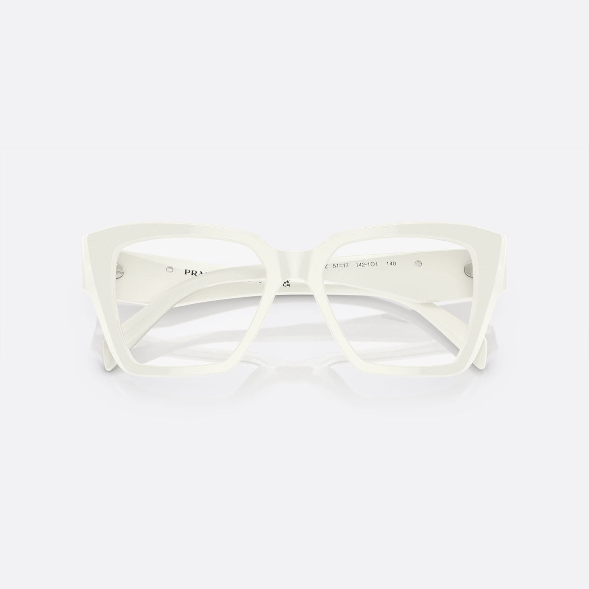 Prada PR 09ZV 142-1O1 eyeglasses, white geometric frame for women, plain low bridge, brand logo on temple, folded