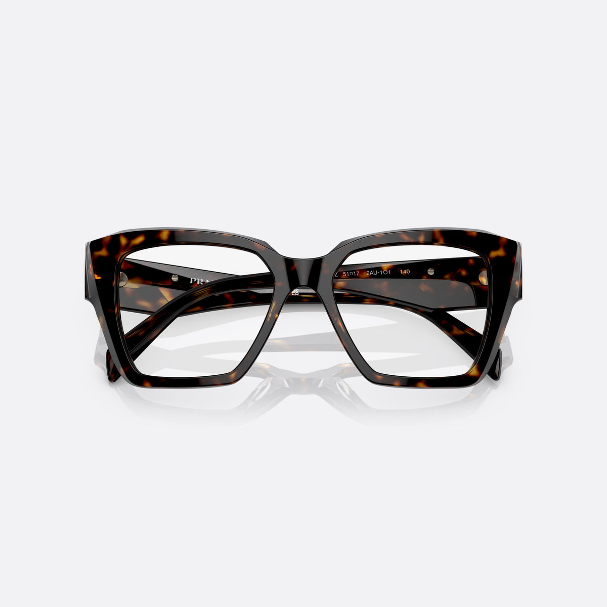 Prada PR 09ZV 2AU-1O1 E eyeglasses, havana geometric frame for women, plain double bridge, brand logo on plaque, folded