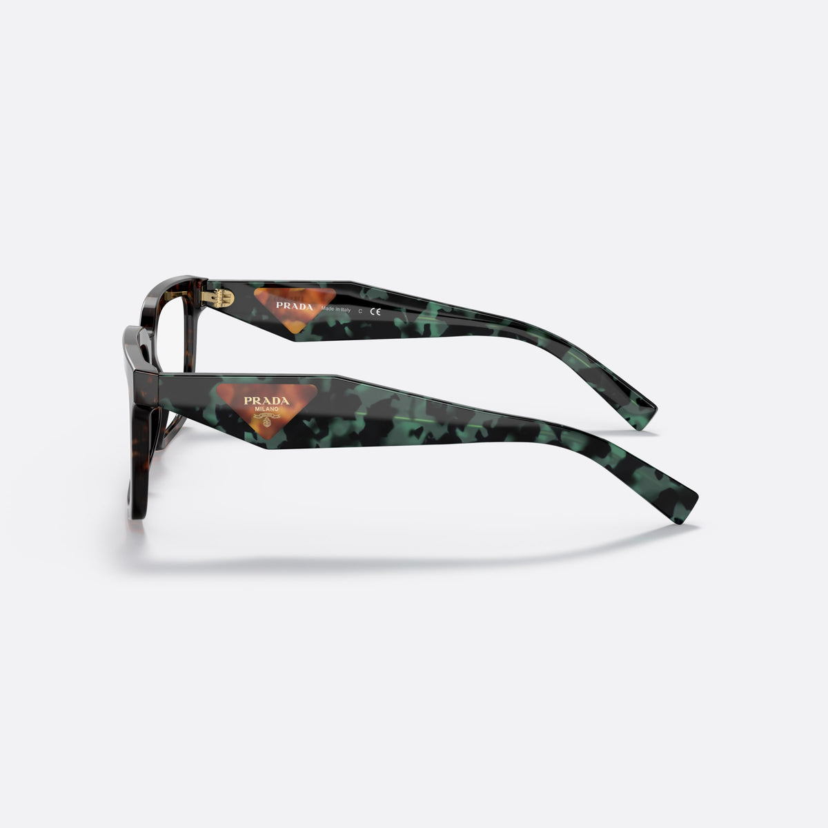 Prada PR 10YV 2AU-1O1 L eyeglasses, havana geometric frame for women, plain double bridge, brand lettering on temples, side view
