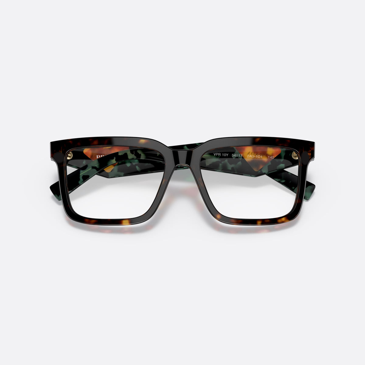 Prada PR 10YV 2AU-1O1 L eyeglasses, havana geometric frame for women, plain double bridge, brand lettering on temples, folded