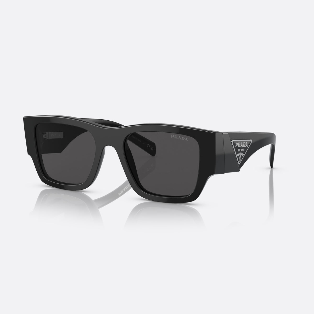 Prada PR 10ZS 1AB-5S0 sunglasses, black pillow frame for men, keyhole bridge, brand logo on temple plaque