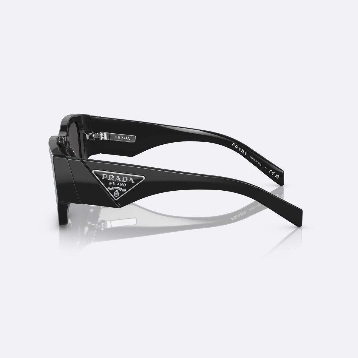 Prada PR 10ZS 1AB-5S0 sunglasses, black pillow frame for men, keyhole bridge, brand logo on temple plaque, side view