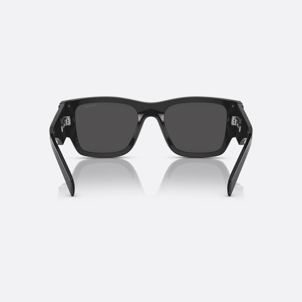 Prada PR 10ZS 1AB-5S0 sunglasses, black pillow frame for men, keyhole bridge, brand logo on temple plaque, back view