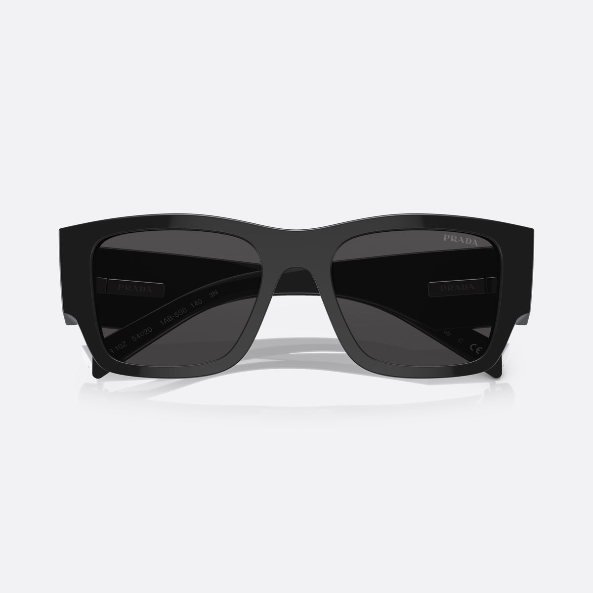 Prada PR 10ZS 1AB-5S0 sunglasses, black pillow frame for men, keyhole bridge, brand logo on temple plaque, folded
