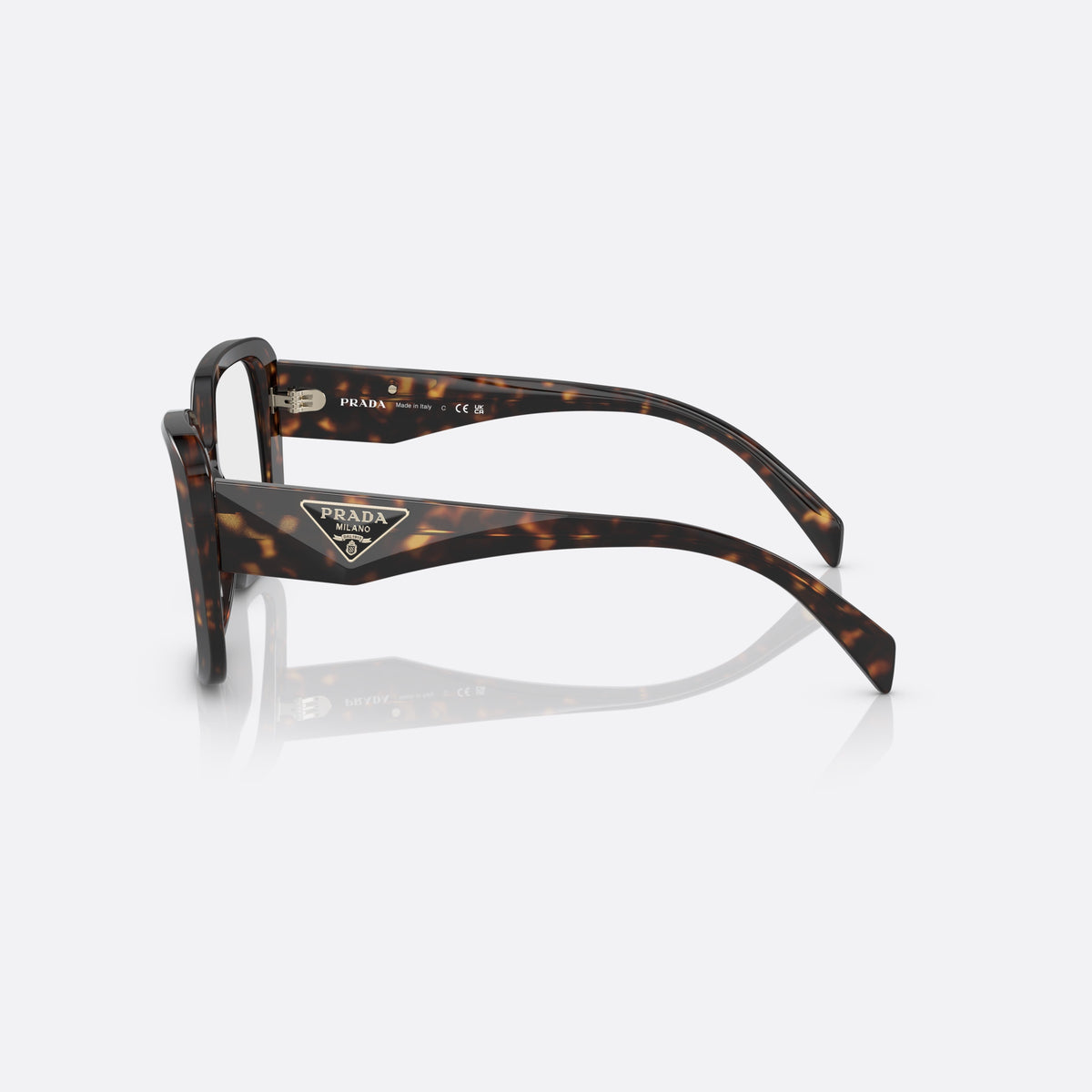 Rame ochelari de vedere Prada PR 10ZV 2AU-1O1 B, geometrica havana, pentru femei, punte integrată în șa, literele brandului pe brațe, vedere laterală