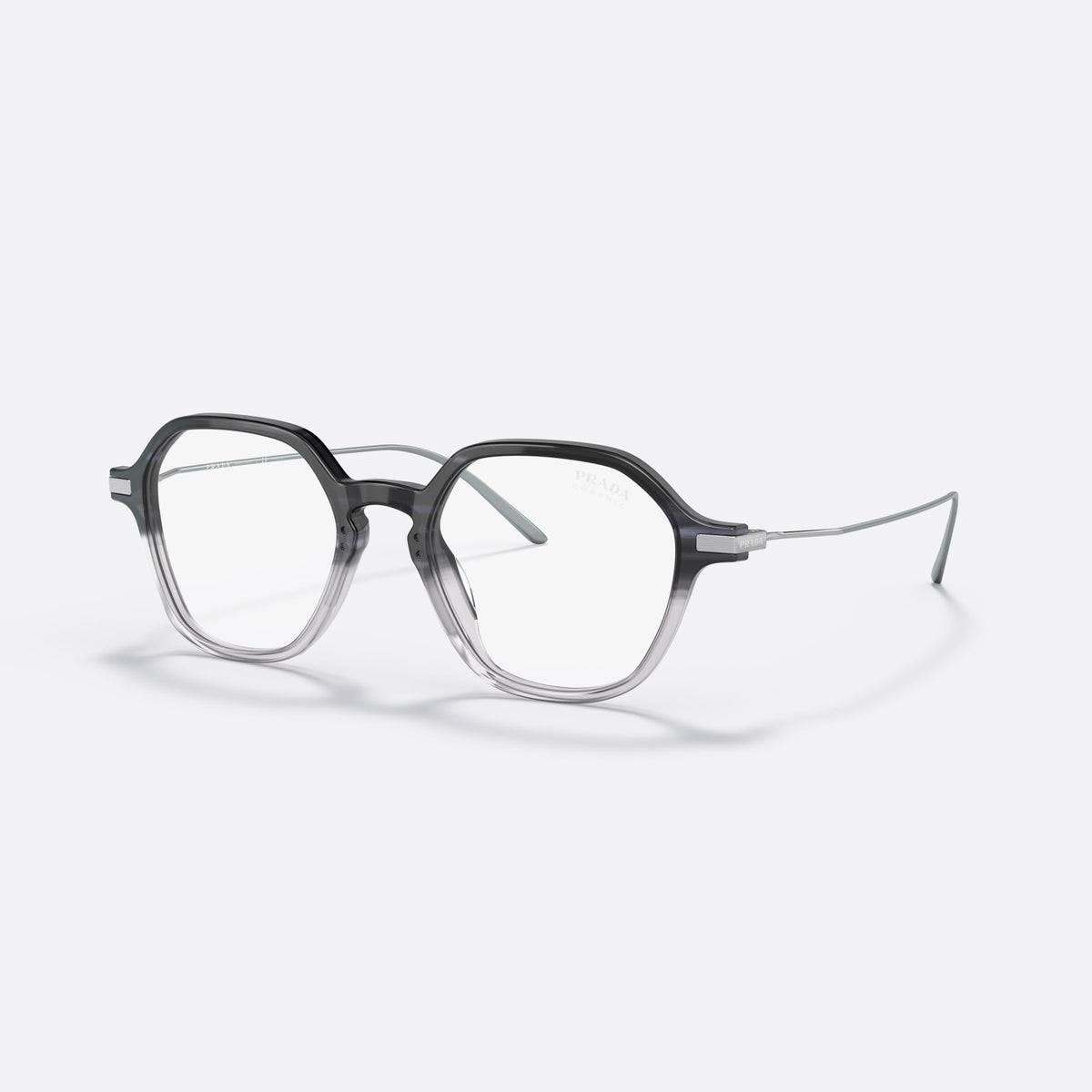 Prada PR 11YS 12B04R sunglasses, blue square frame for women, plain double-arch bridge, brand lettering on temples
