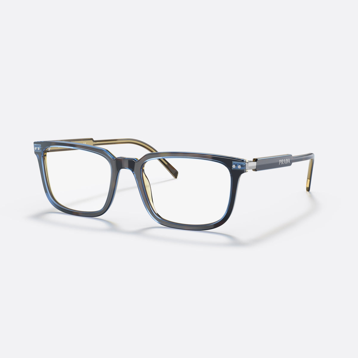 Prada PR 13YV ZXH1O1 eyeglasses, blue squared frame for men, keyhole bridge, brand lettering on temples, full-rim frame