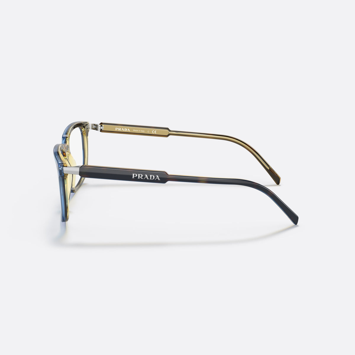 Prada PR 13YV ZXH1O1 eyeglasses, blue squared frame for men, keyhole bridge, brand lettering on temples, full-rim frame, side view