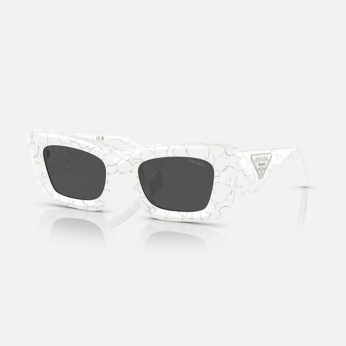 Prada PR 13ZS 17D-5S0 sunglasses, white cat eye frame for women, plain bridge, triangle plaque on temple, full-rim frame