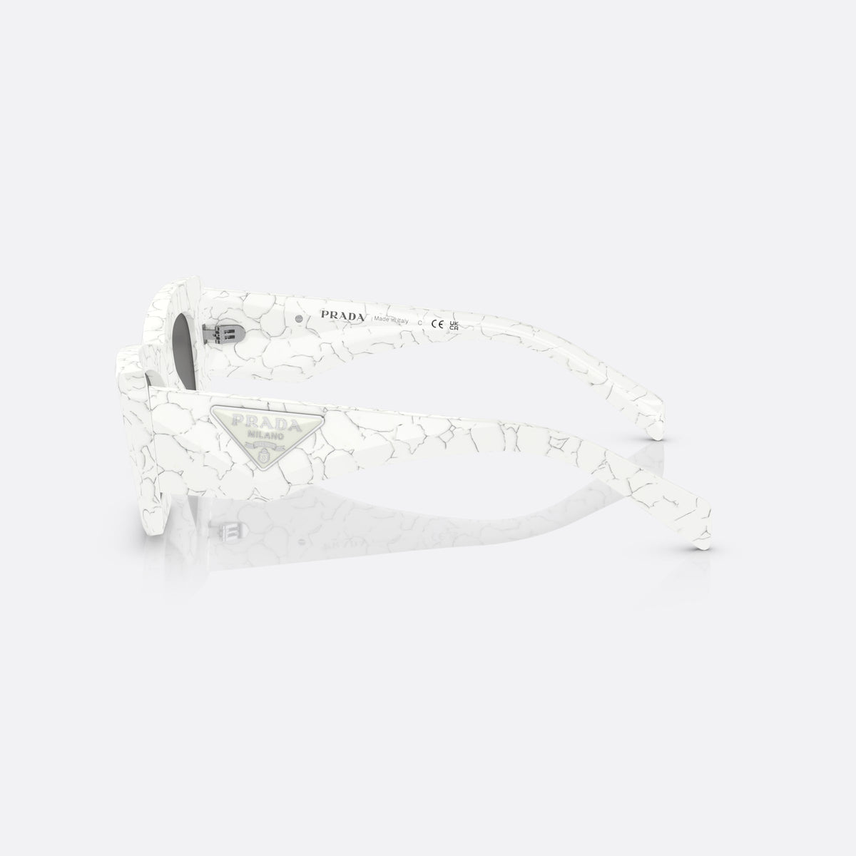 Prada PR 13ZS 17D-5S0 sunglasses, white cat eye frame for women, plain bridge, triangle plaque on temple, full-rim frame, side view
