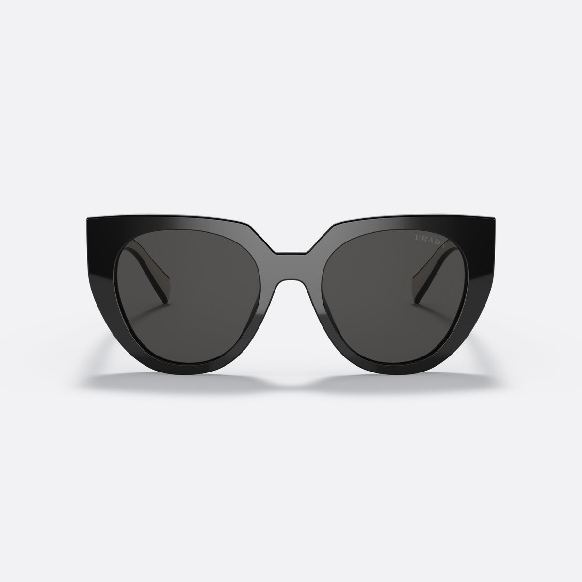 Prada PR 14WS 09Q-5S0 sunglasses, black cat eye frame for women, plain bridge, brand lettering on temples, full-rim frame, front view