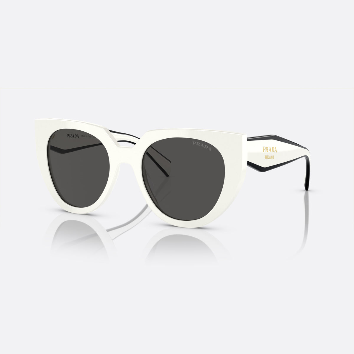 Prada PR 14WS 14WS sunglasses, white cat eye frame for women, plain bridge, brand lettering on temples, full rim