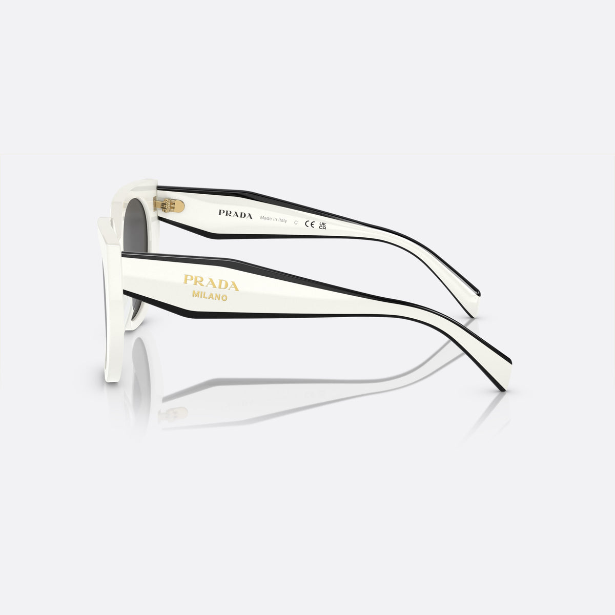 Prada PR 14WS 14WS sunglasses, white cat eye frame for women, plain bridge, brand lettering on temples, full rim, side view