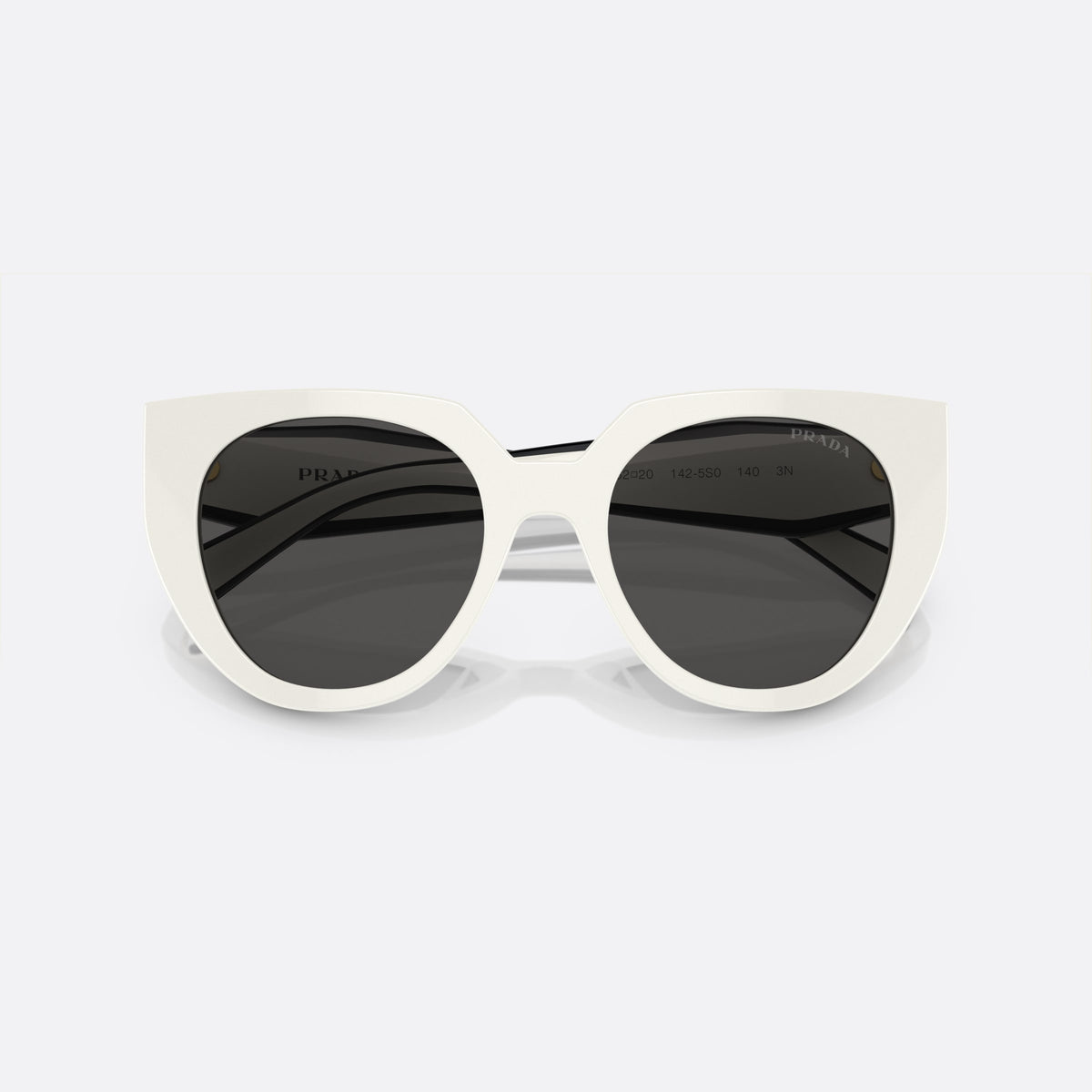 Prada PR 14WS 14WS sunglasses, white cat eye frame for women, plain bridge, brand lettering on temples, full rim, folded