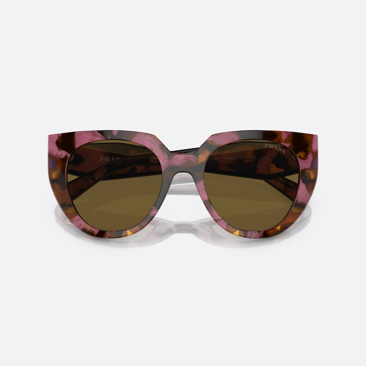 Prada PR 14WS 18N01T sunglasses, brown cat eye frame for women, plain bridge, brand lettering on temples, full-rim frame, folded