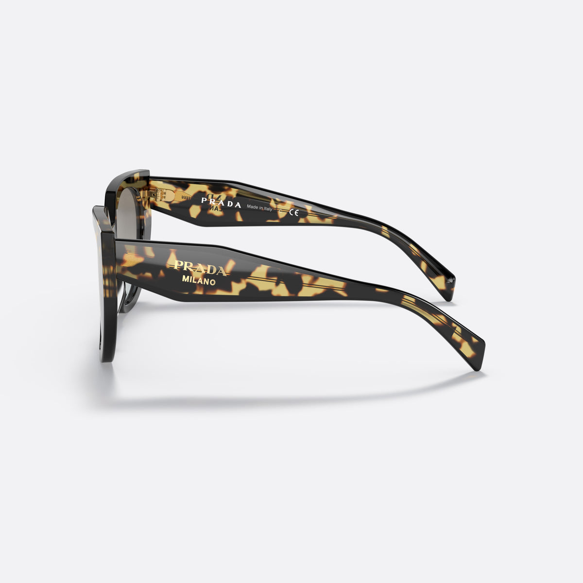 Ochelari de soare Prada PR 14WS 389-0A7, cat eye țestoasă, pentru femei, punte keyhole, literele brandului pe brațe, vedere laterală