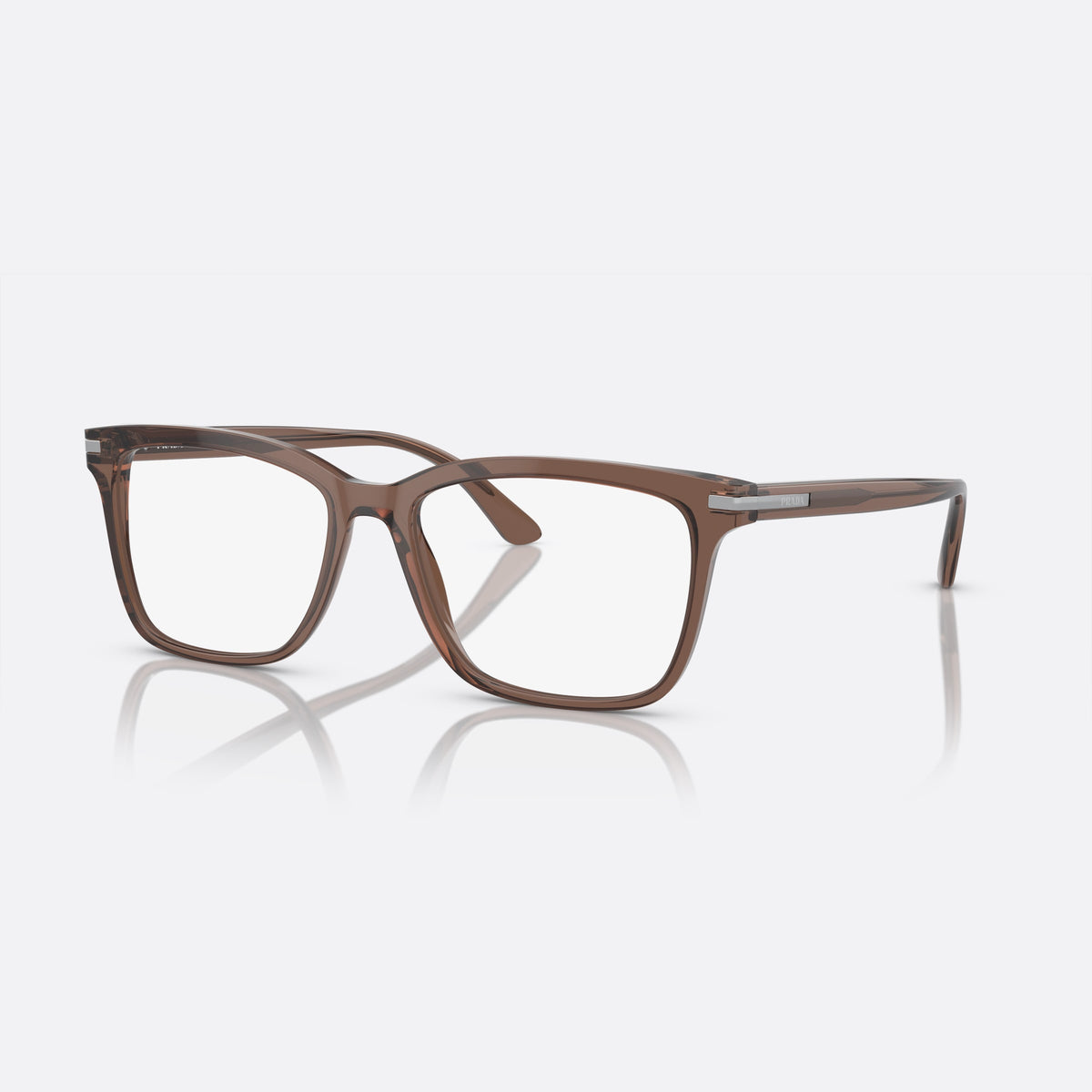 Prada PR 14WV 17O1O1 eyeglasses, brown rectangle frame for men, plain bridge, brand lettering on temples, full-rim frame