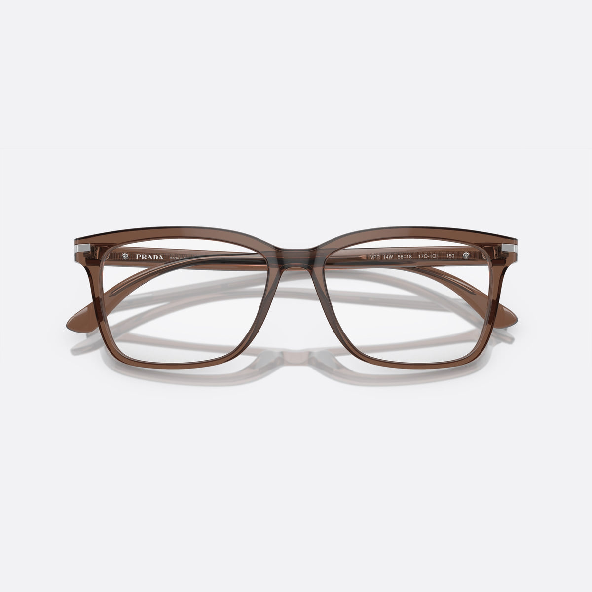 Prada PR 14WV 17O1O1 eyeglasses, brown rectangle frame for men, plain bridge, brand lettering on temples, full-rim frame, folded