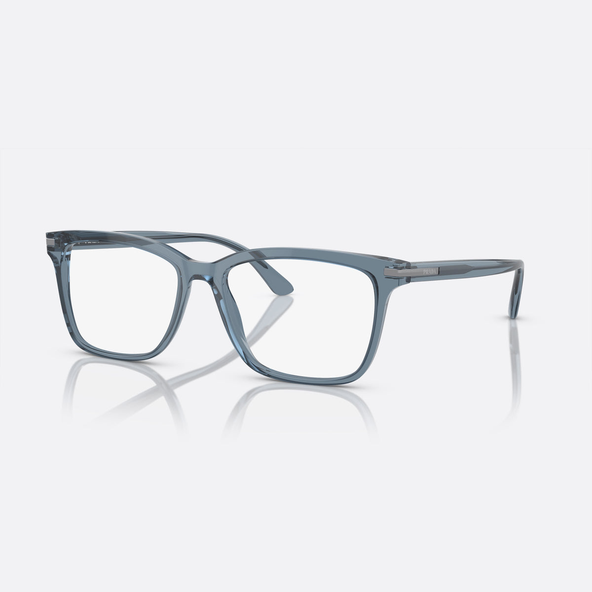Prada PR 14WV 19O1O1 eyeglasses, grey rectangle frame for men, plain bridge, brand lettering on temples