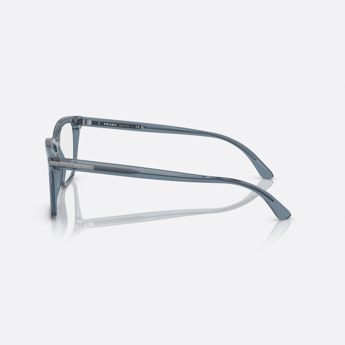 Prada PR 14WV 19O1O1 eyeglasses, grey rectangle frame for men, plain bridge, brand lettering on temples, side view
