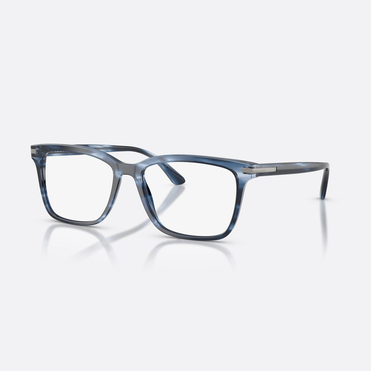 Prada PR 14WV 26F1O1 eyeglasses, blue rectangle frame for men, plain bridge, brand lettering on temples