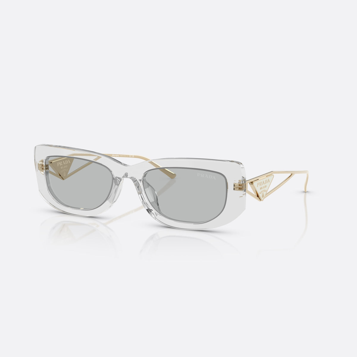 Prada PR 14YS 12R50K GRLG sunglasses, clear geometric frame for women, plain bridge with central dip, slim metal temples