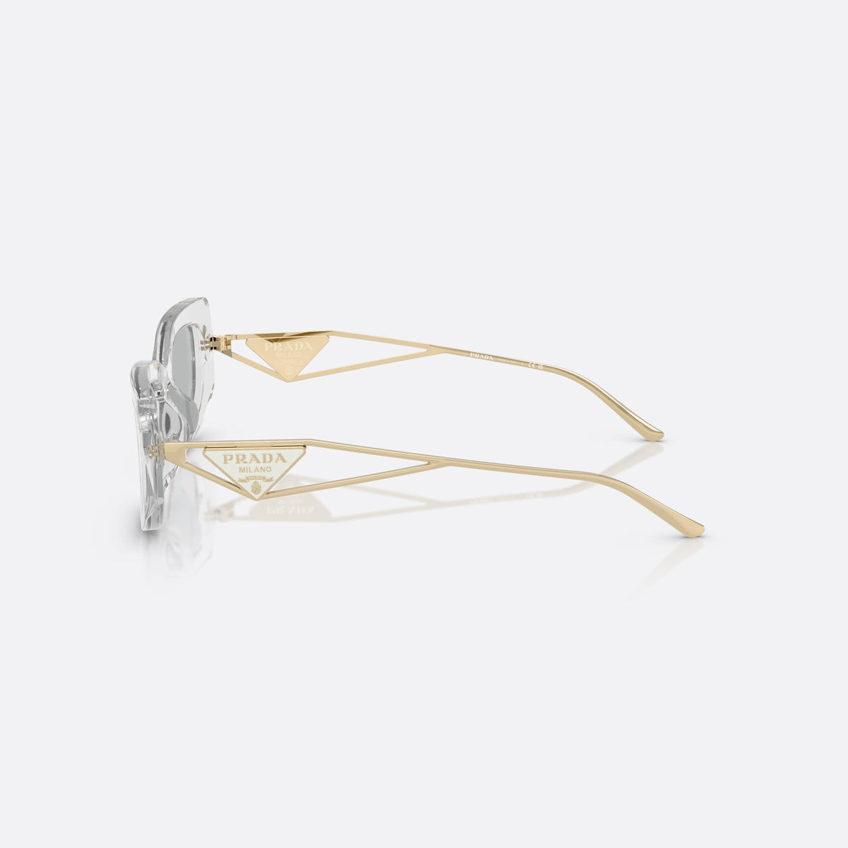 Prada PR 14YS 12R50K GRLG sunglasses, clear geometric frame for women, plain bridge with central dip, slim metal temples, side view