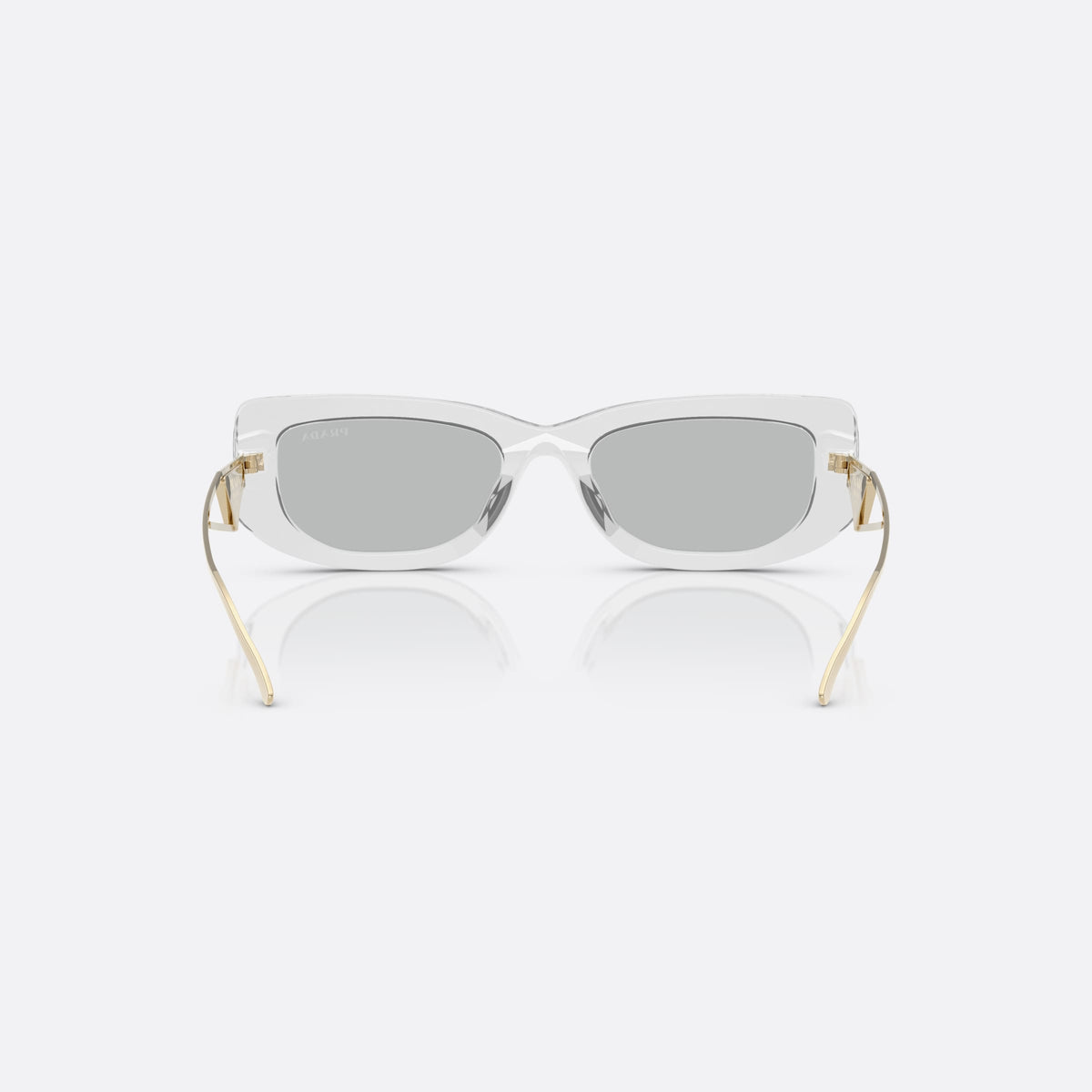 Prada PR 14YS 12R50K GRLG sunglasses, clear geometric frame for women, plain bridge with central dip, slim metal temples, back view