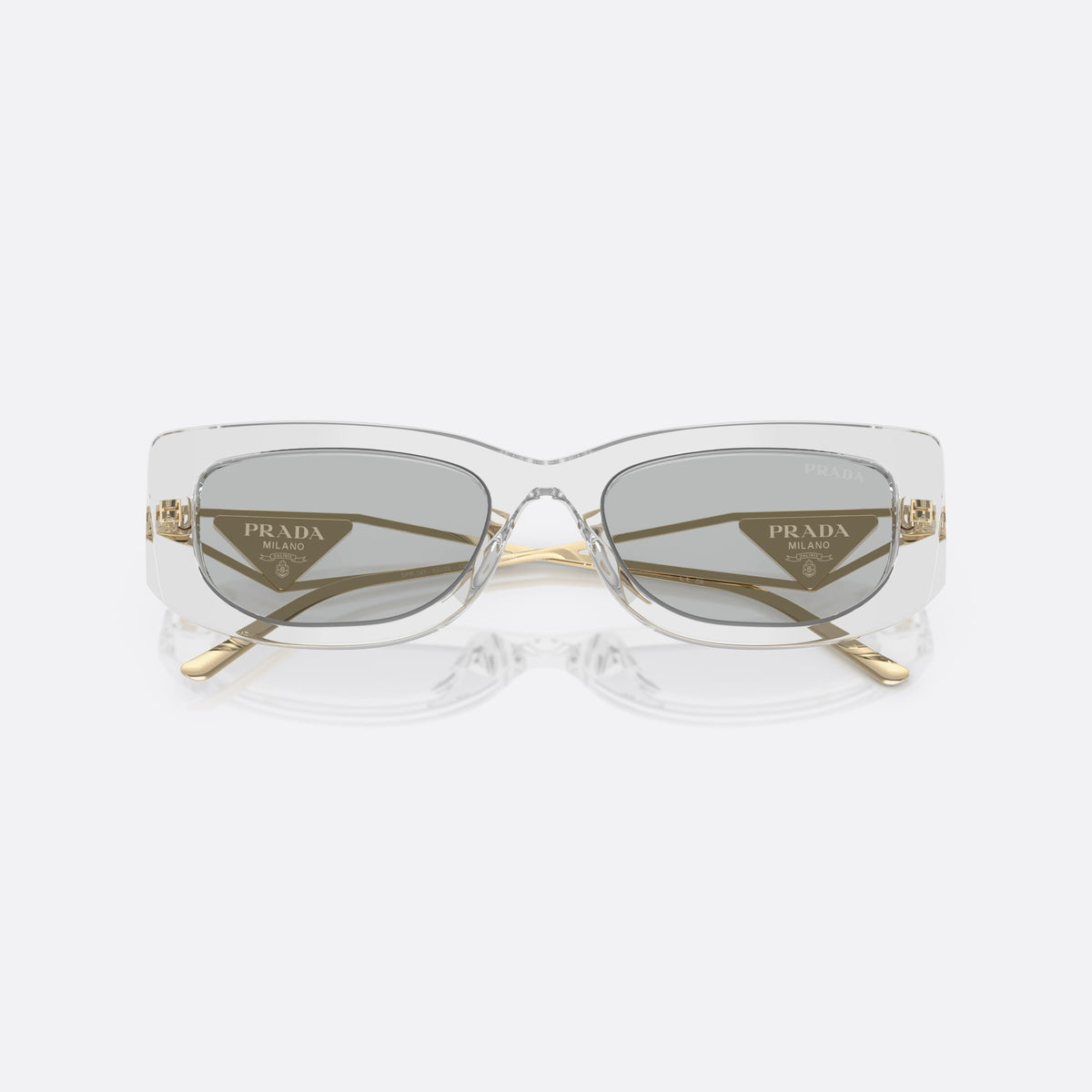 Prada PR 14YS 12R50K GRLG sunglasses, clear geometric frame for women, plain bridge with central dip, slim metal temples, folded