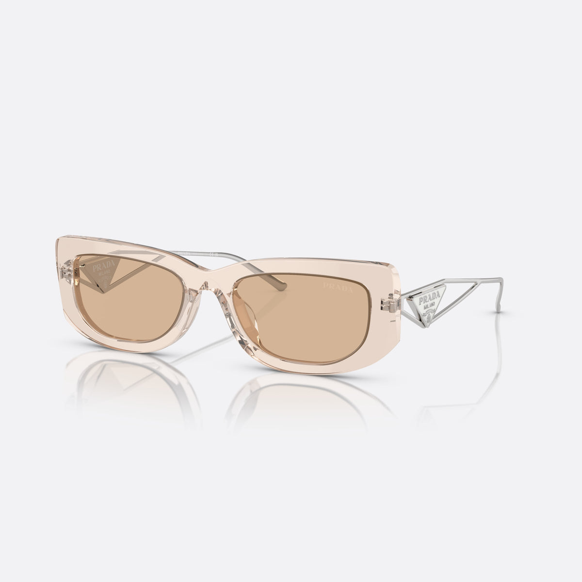 Prada PR 14YS 19M4I2 BEBW sunglasses, clear rectangular frame for women, plain bridge, brand logo plaque on temple, full-rim frame