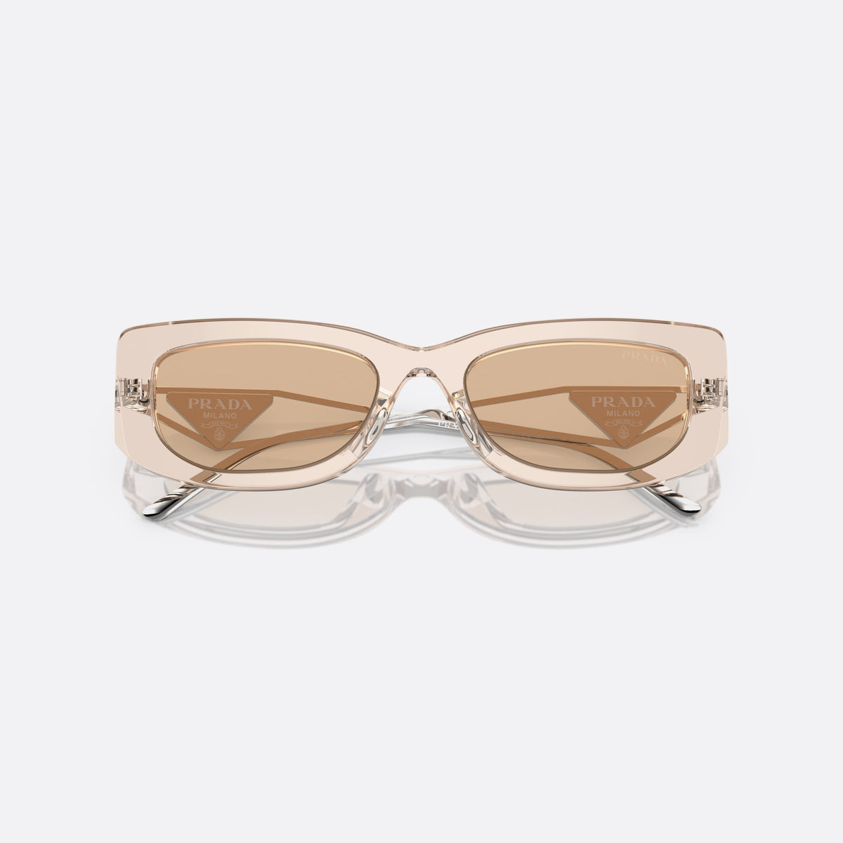 Prada PR 14YS 19M4I2 BEBW sunglasses, clear rectangular frame for women, plain bridge, brand logo plaque on temple, full-rim frame