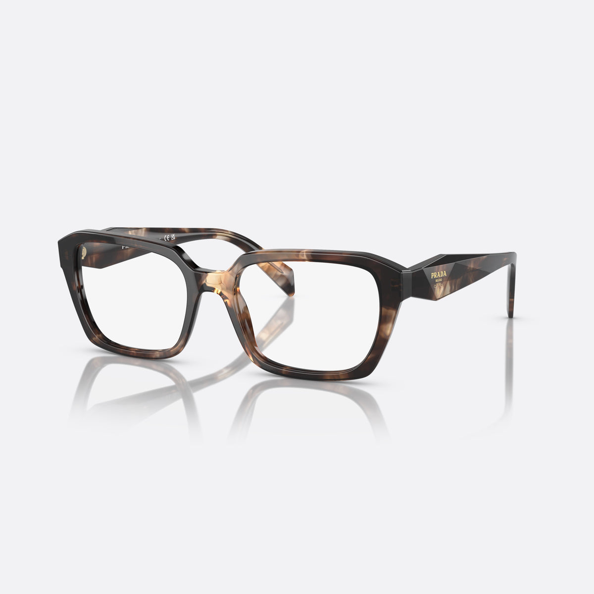 Prada PR 14ZV 07R-1O1 A eyeglasses, havana squared frame for women, saddle-style bridge with integrated acetate, full-rim frame