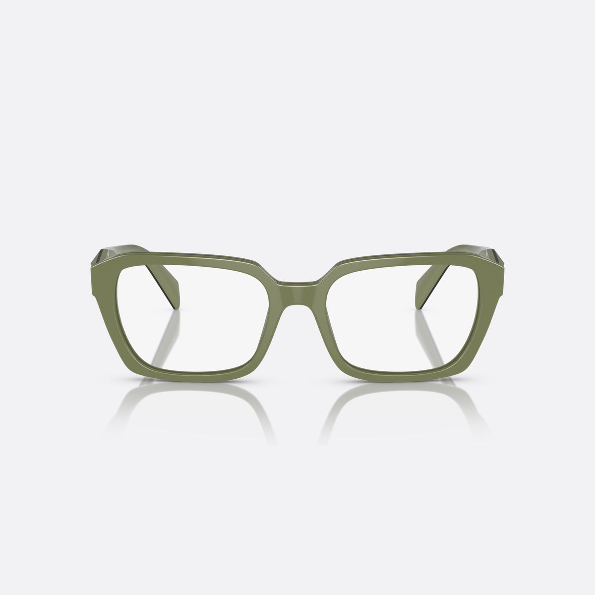 Prada PR 14ZV 13J-1O1 eyeglasses, green squared frame for women, plain integrated bridge, brand lettering on temples, front view
