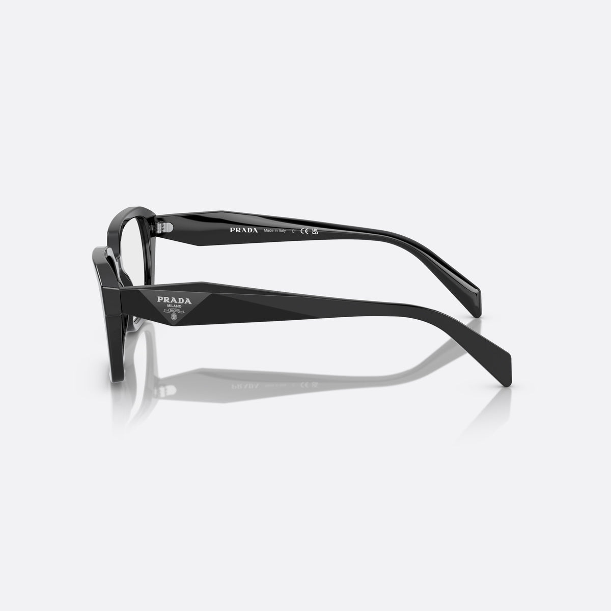 Prada PR 14ZV 1AB-1O1 eyeglasses, black squared frame for women, plain bridge, brand lettering on temples, full-rim frame, side view