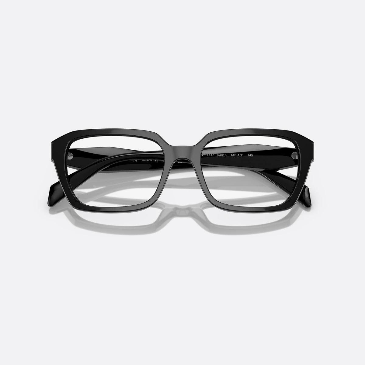 Prada PR 14ZV 1AB-1O1 eyeglasses, black squared frame for women, plain bridge, brand lettering on temples, full-rim frame, folded