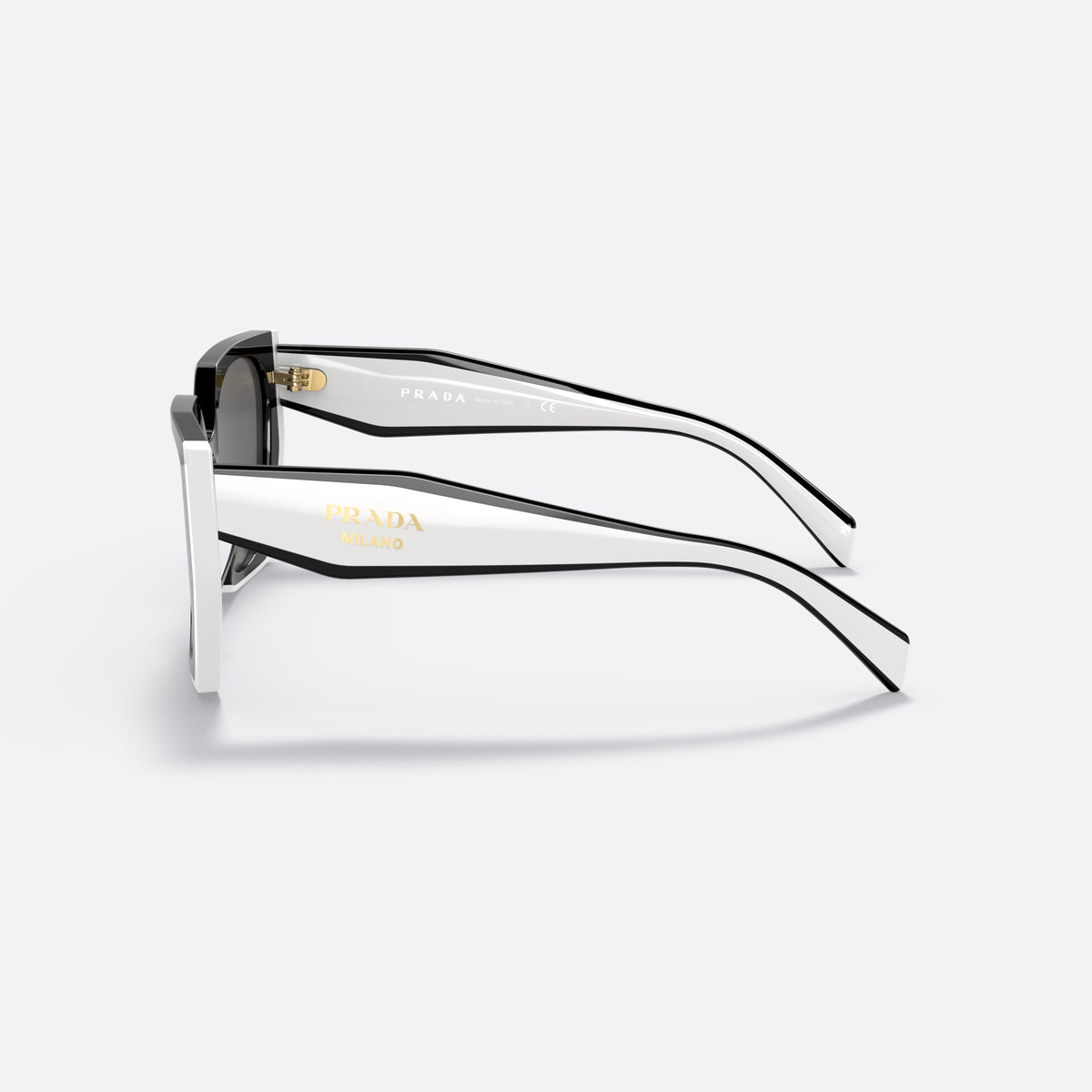 Prada PR 15WS 09Q-5S0 sunglasses, black rectangle frame for women, brand lettering on temples, slim tapered temples, side view