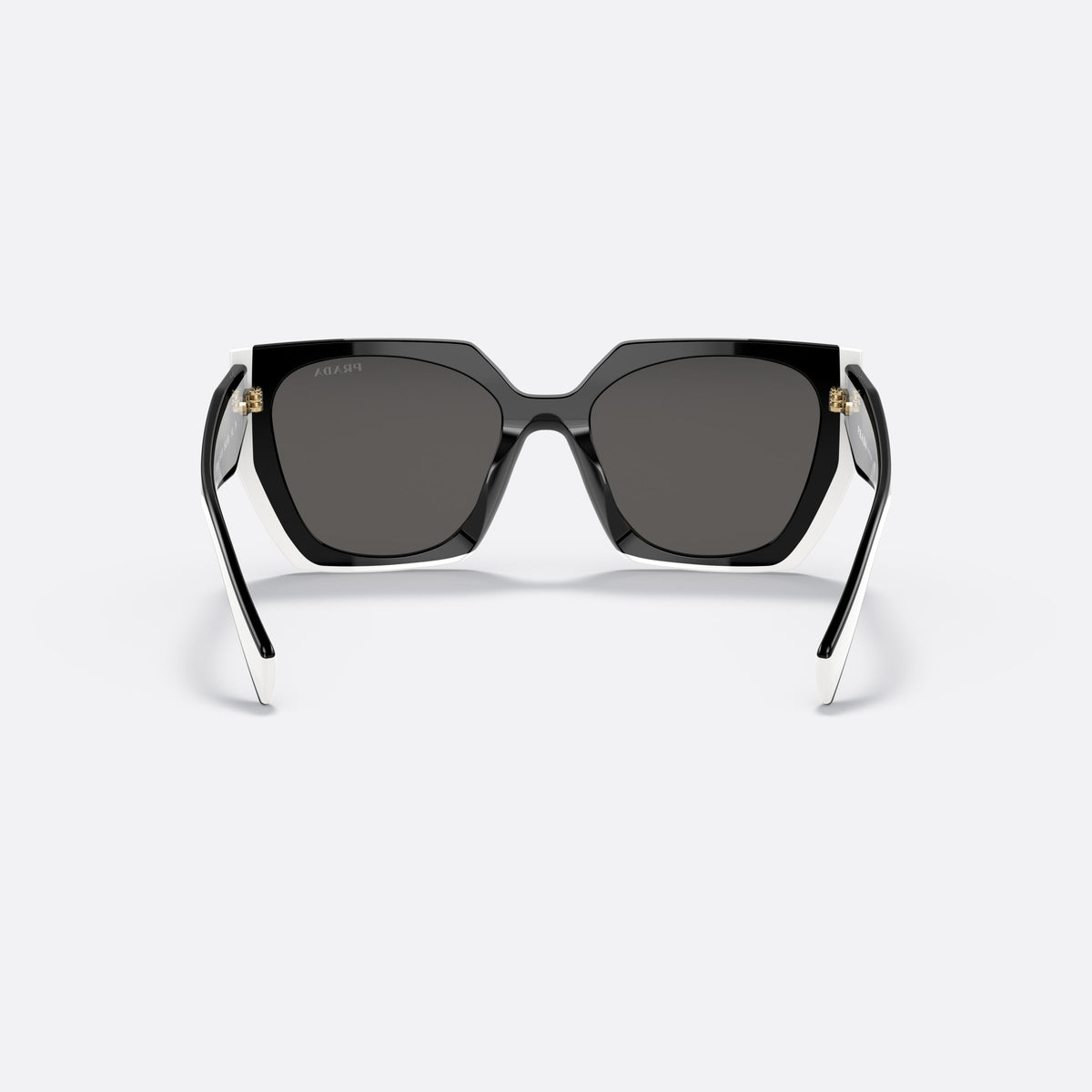 Prada PR 15WS 09Q-5S0 sunglasses, black rectangle frame for women, brand lettering on temples, slim tapered temples, back view