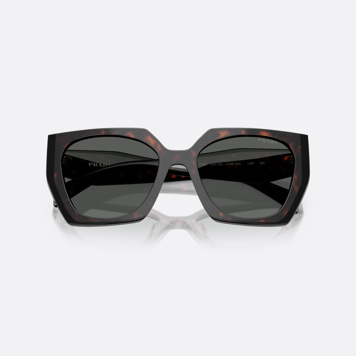 Prada PR 15WS 24B-40L sunglasses, havana rectangle frame, unisex, plain double-ridged bridge, brand lettering on temples, folded